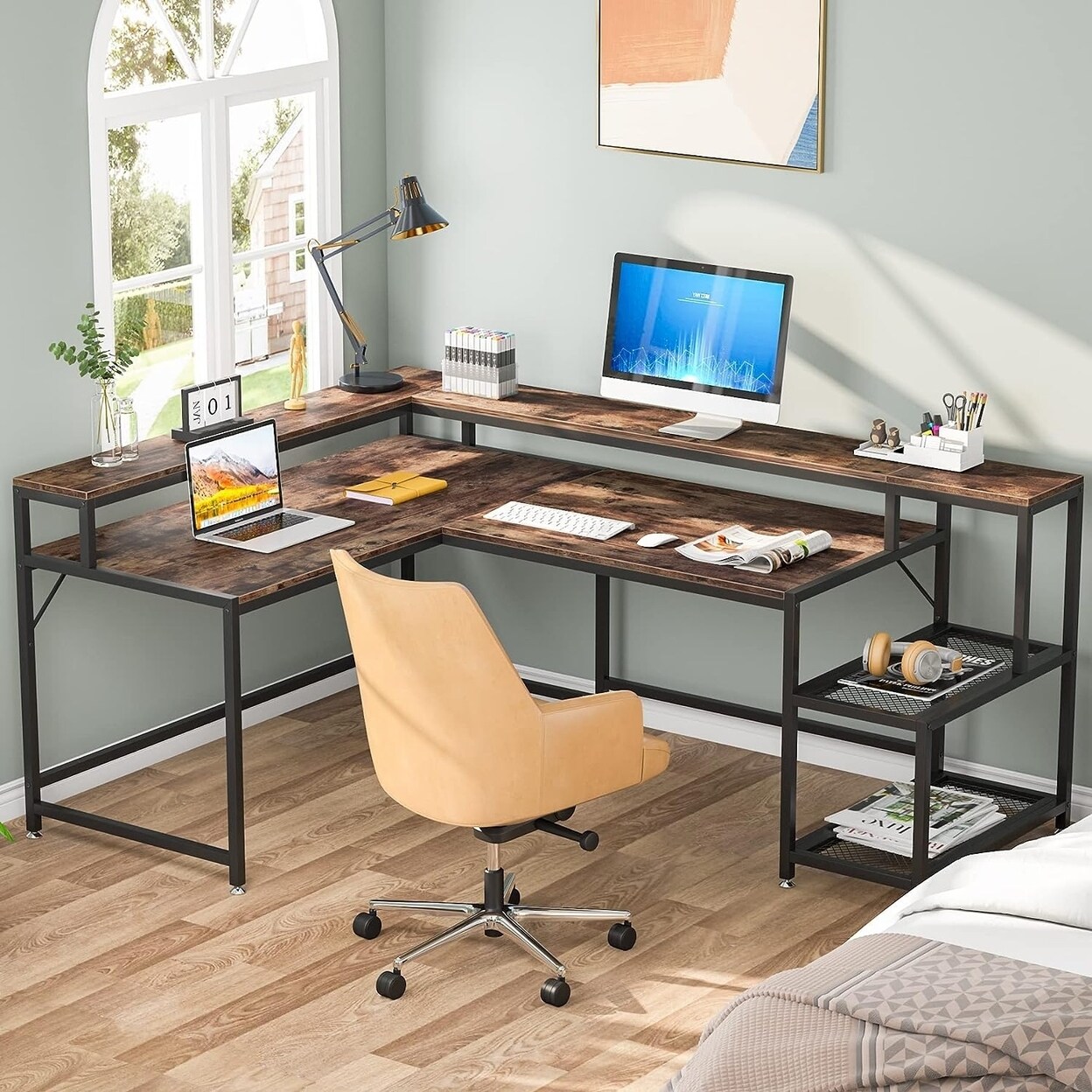 Tribesigns 69 Inch L Shaped Desk With Monitor Stand And Storage Shelf Reversible