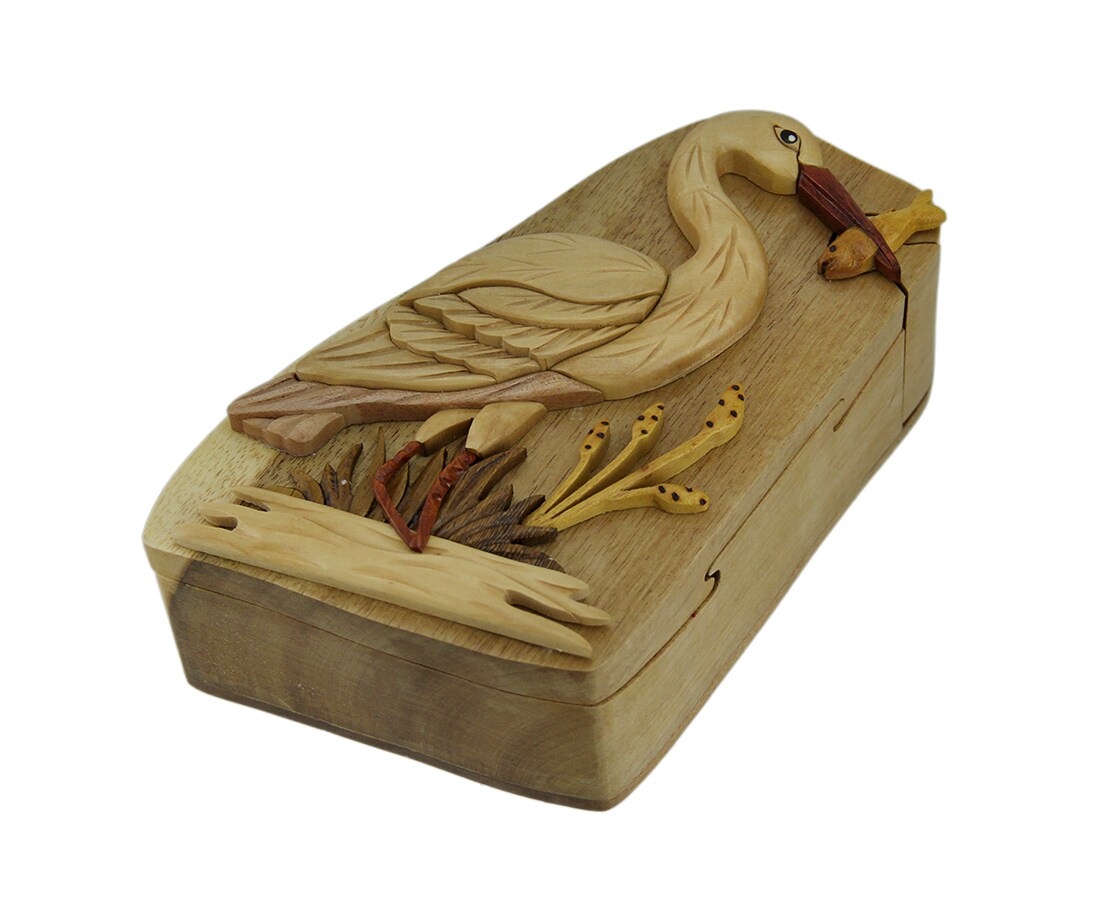 Fresh Catch Standing Crane Hand Crafted Wooden Trinket/Puzzle Box