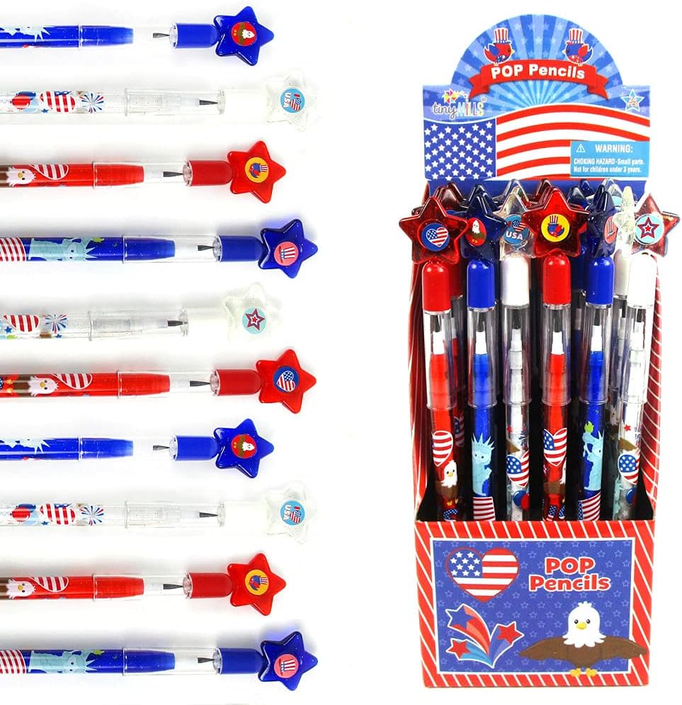 TINYMILLS 24 Pcs Patriotic 4th of July Multi Point Stackable Push Pencil Assortment with Eraser