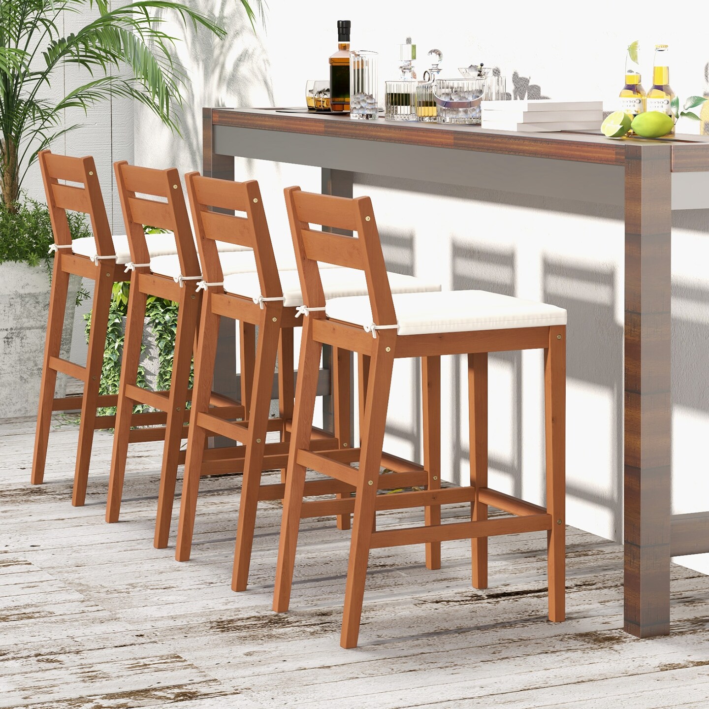 Off White Cushion Bar Stool Eucalyptus Wood Natural Frame Ergonomic Design