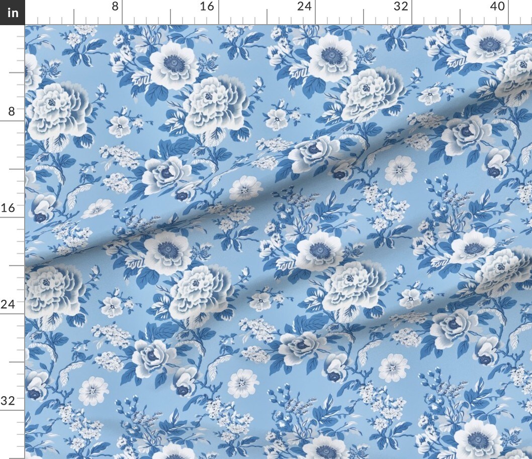 Traditional Floral Blue Botanical Grandmillenial Cottagecore Retro Garden Custom Printed Fabric by Spoonflower Various Fabrics by the Yard or Fat Quarter