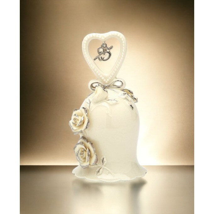 kevinsgiftshoppe Hand Crafted Ceramic Ivory Rose Bell with Silver Accents-25th Anniversary Anniversary Decor