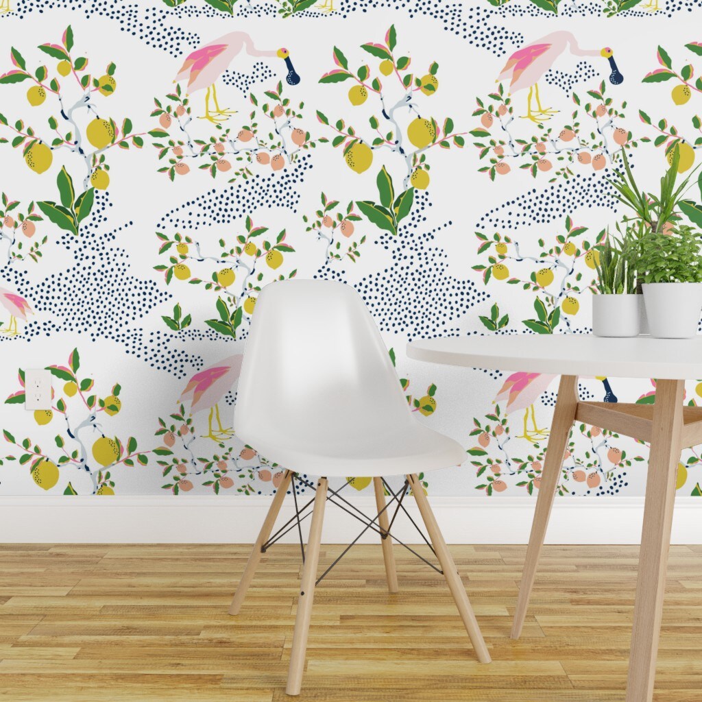 Pre-Pasted Wallpaper 2FT Wide Tropical Exotic Birds Whimsical Nature Spoonbill Lemon Dots Coastal Custom Pre-pasted Wallpaper by Spoonflower