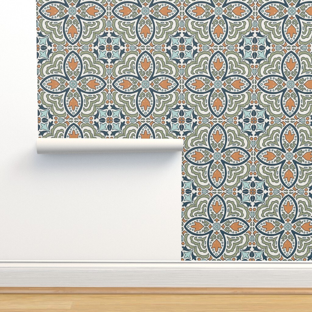 Blue Floral Geometric Tile Italian Distressed Rosette Quatrefoil Tulip Large Scale Roman Mosaic Custom Removable Wallpaper by Spoonflower Peel & Stick Wallpaper 2FT Wide