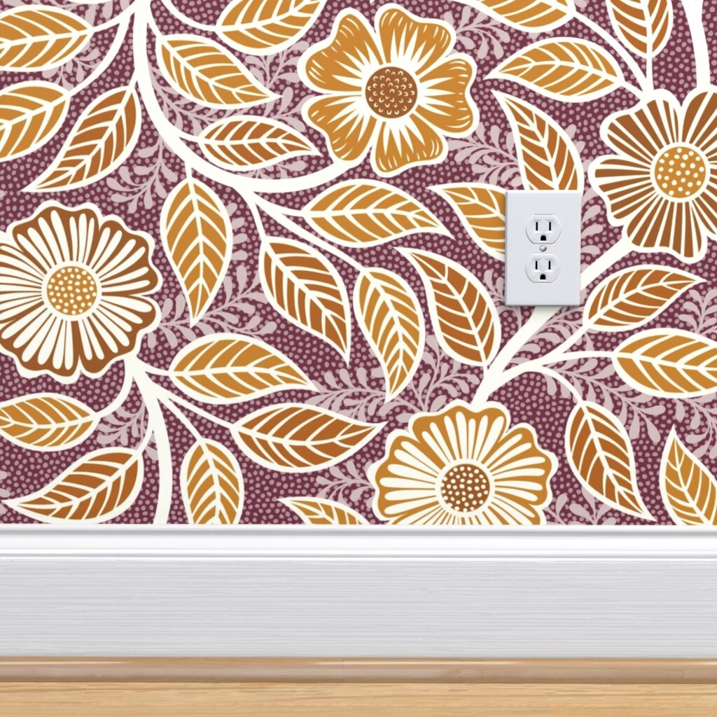 Peel &#x26; Stick Wallpaper 2FT Wide Yellow Wine Autumn Fall Floral Vintage Climbing Vines Victorian Bright Summer Large Scale Cottagecore French Country Farmhouse Art Nouveau Custom Removable Wallpaper by Spoonflower