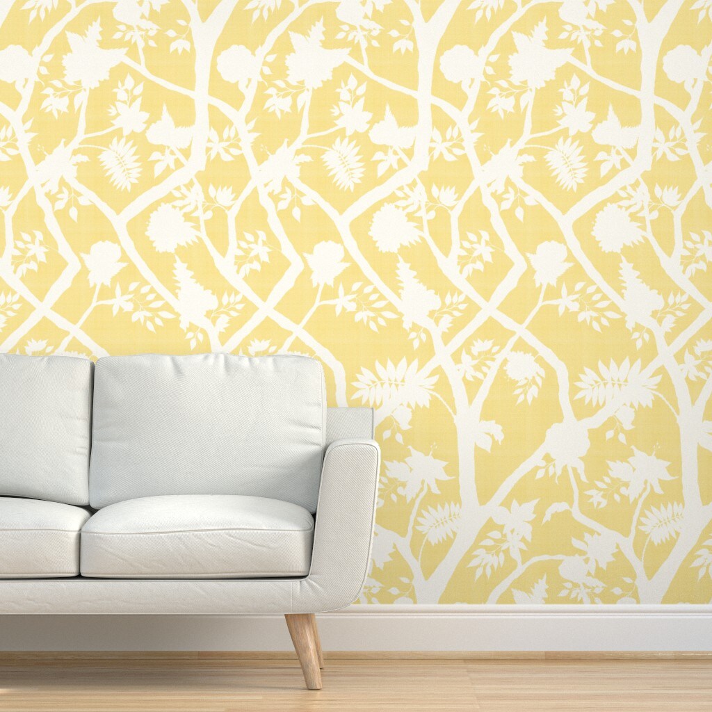 Peel &#x26; Stick Wallpaper 2FT Wide Chinoiserie Butter Yellow Cream Floral Flower Silhouette Timeless Grandmillenial Custom Removable Wallpaper by Spoonflower