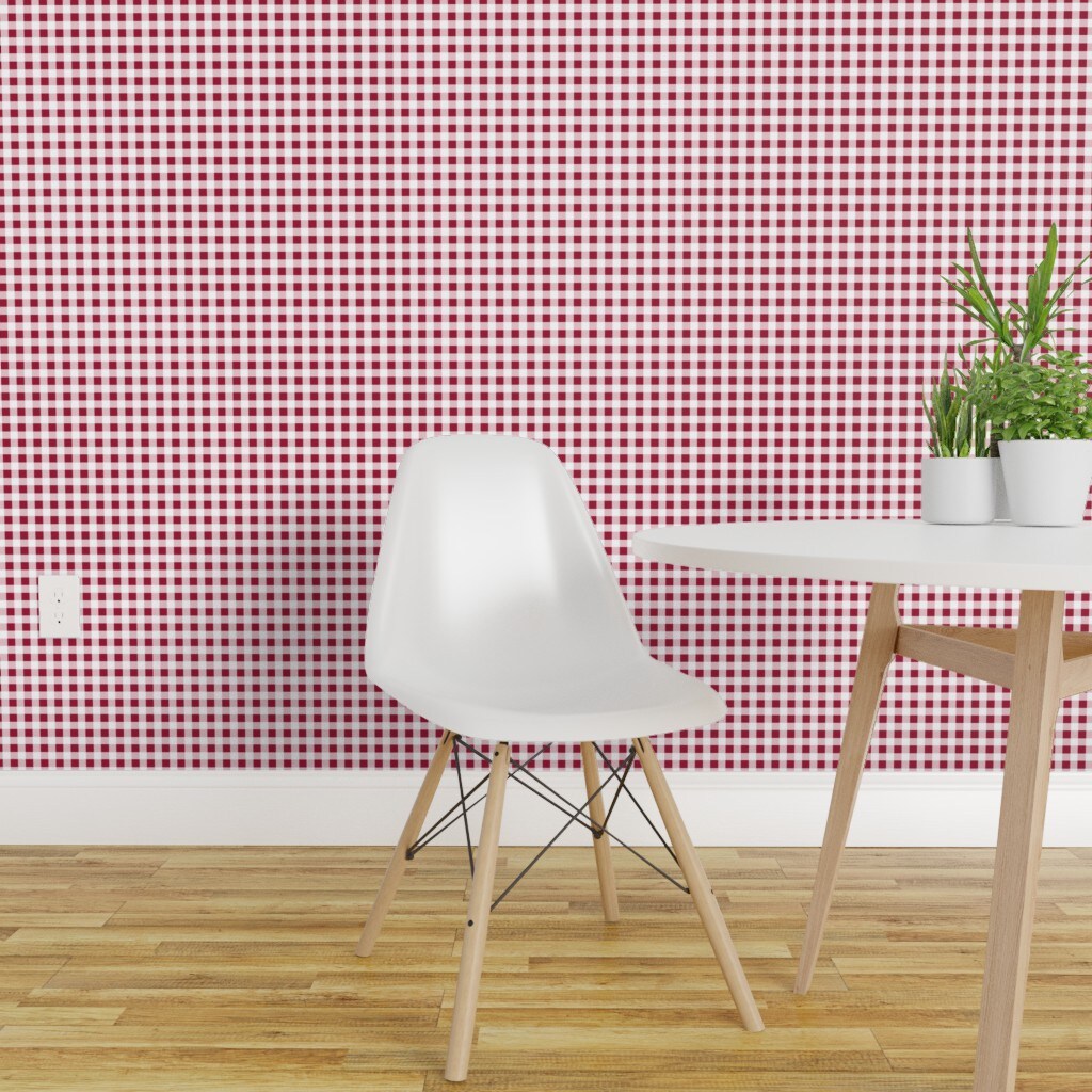 Pre-Pasted Wallpaper 2FT Wide Red Geometric Gingham Picnic Diner Checkered Cottagecore French Country Farmhouse Medium Scale Custom Pre-pasted Wallpaper by Spoonflower