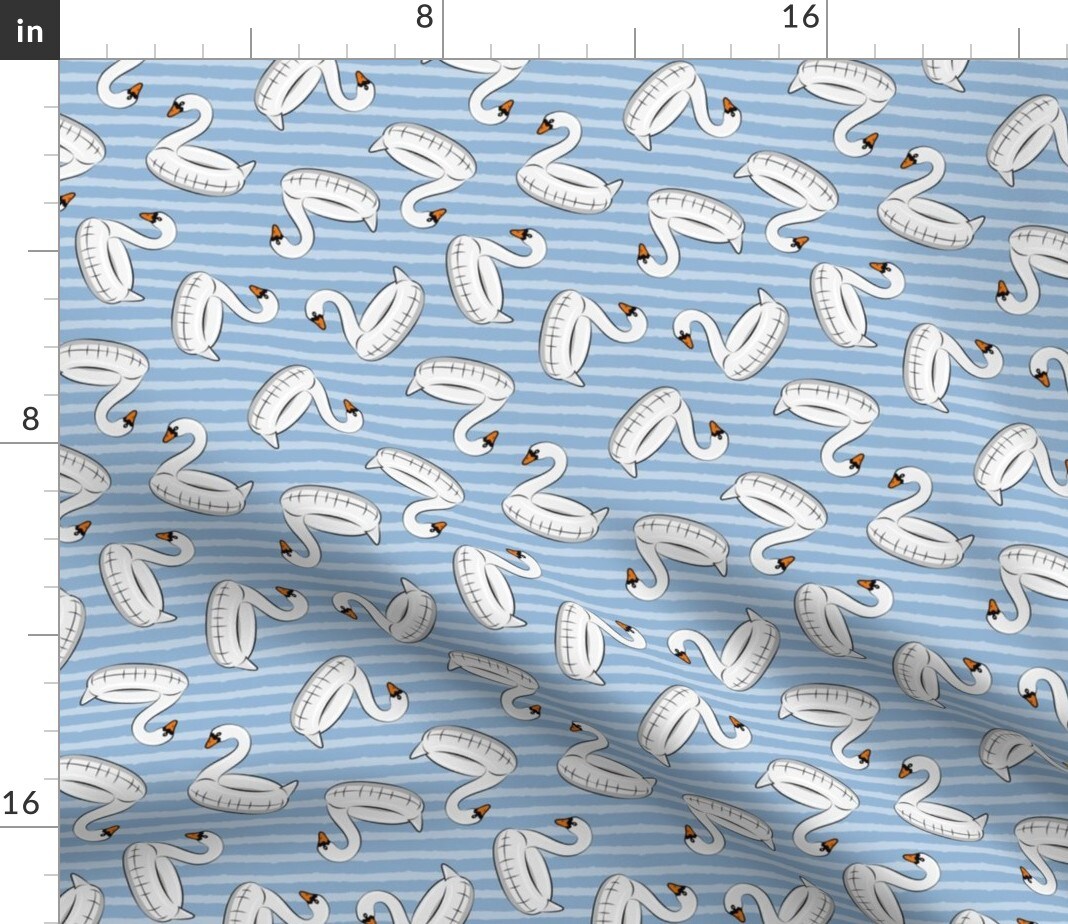 Whimsical Summer Beach Stripes Swan Pool Fun Small Scale Coastal Ocean Blue Custom Printed Fabric by Spoonflower Various Fabrics by the Yard or Fat Quarter