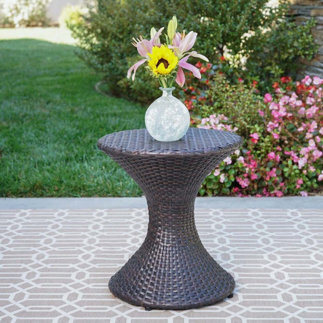GDFStudio Frances Outdoor 16-inch Multi-brown Wicker Hourglass Side Table
