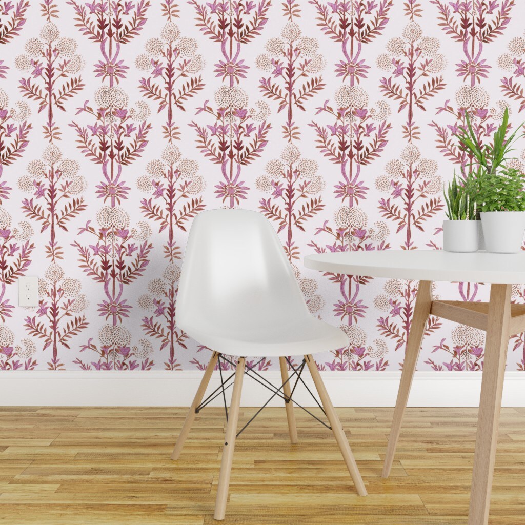 Peel &#x26; Stick Wallpaper 2FT Wide Boho Flowers Pink Watercolor Large Scale Botanical Custom Removable Wallpaper by Spoonflower