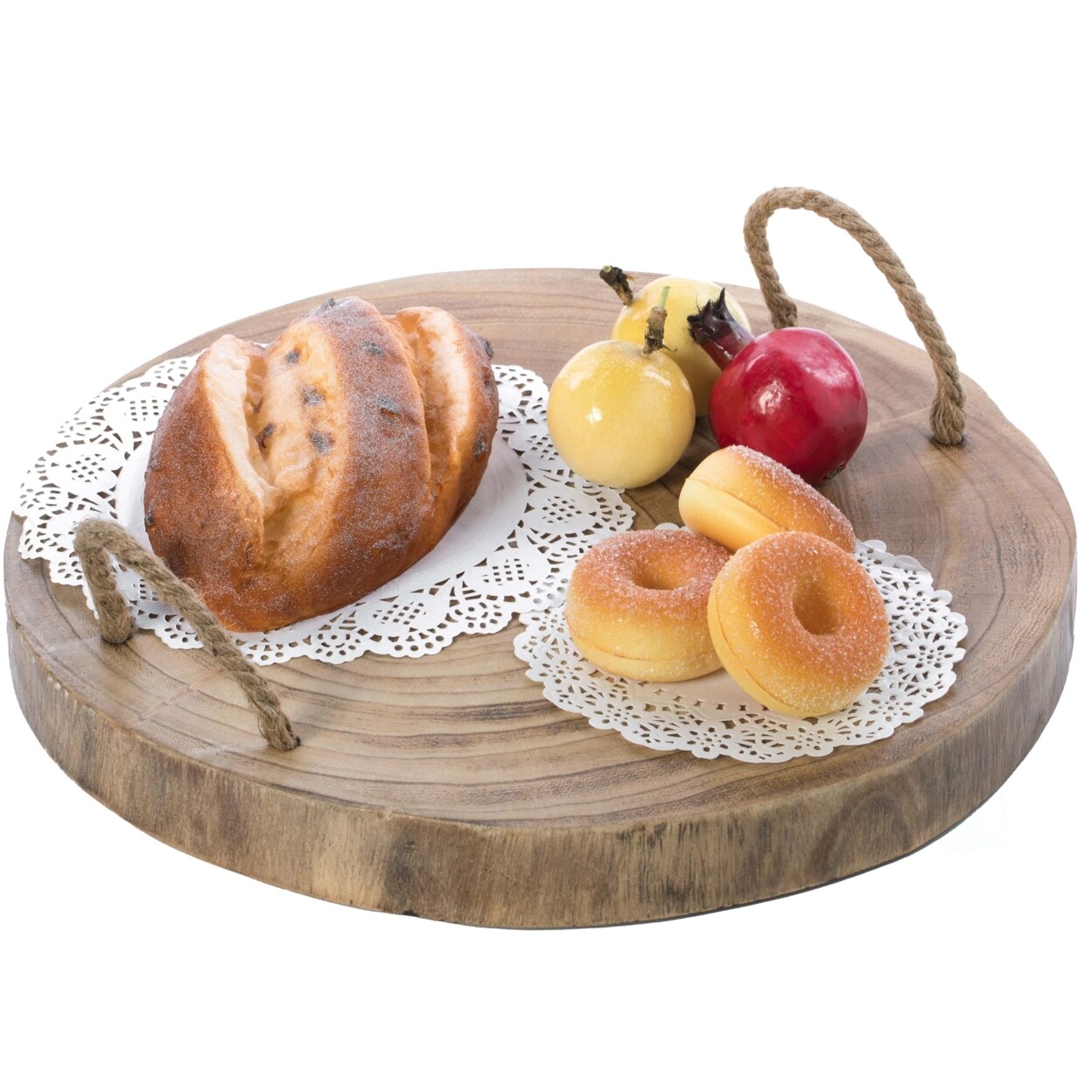 Vintiquewise Wood Round Tray Serving Platter Board with Rope Handles