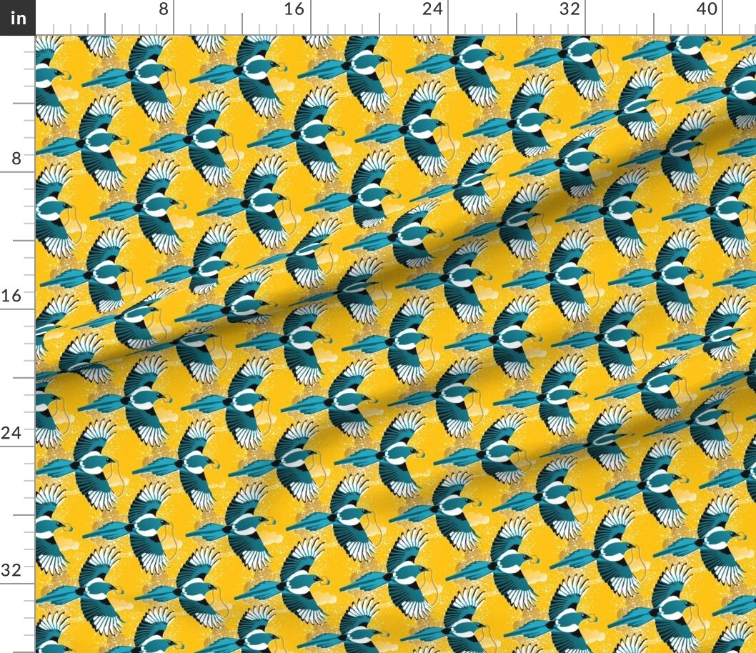 Retro Birds Vintage Style Modern Teal Blue Gold Pirate Bold Bright Bird Custom Printed Fabric by Spoonflower Various Fabrics by the Yard or Fat Quarter
