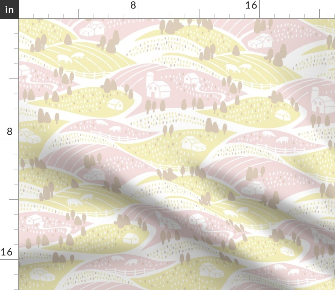 Spring Landscape Pastel Pink Yellow Feminine Cheerful Playful Delicate Romantic Custom Printed Fabric by Spoonflower Various Fabrics by the Yard or Fat Quarter