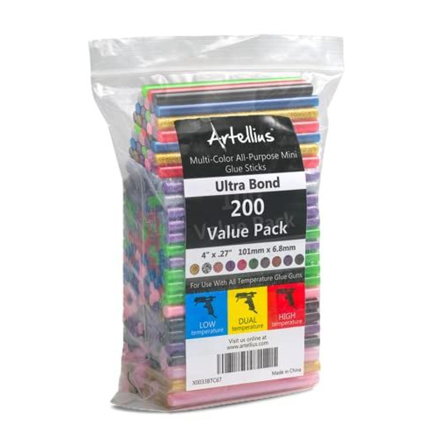 Artellius 200-Pack Hot Glue Sticks. Variety Colored Glue Gun Sticks. Hot Melt Adhesive Mini Glue Sticks for DIY Art Craft Repair Bonding Bulk Gold Black Yellow Pink Red Purple