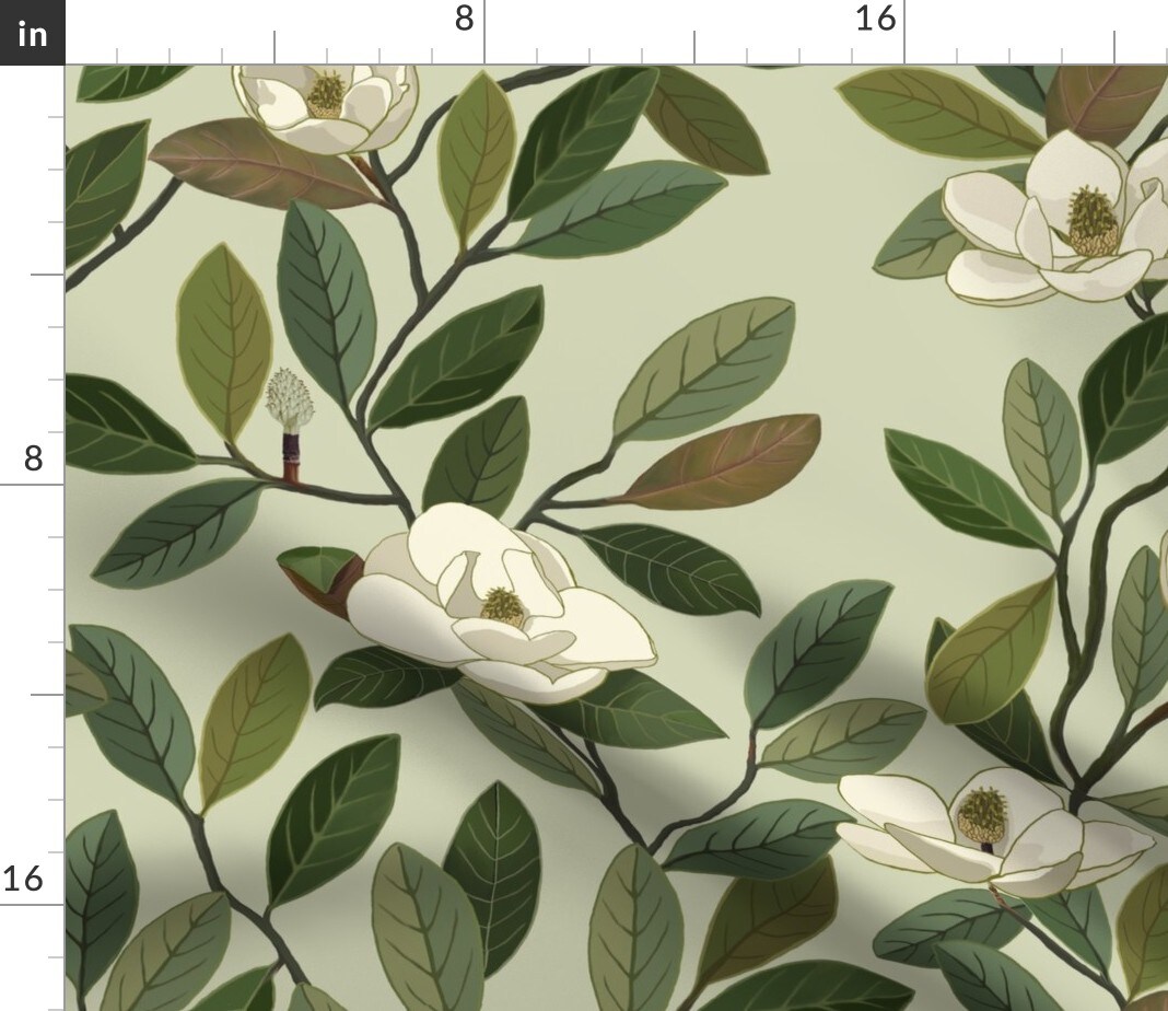 Magnolia Blooms Green White Flowers Botanical Floral Custom Printed Fabric by Spoonflower Various Fabrics by the Yard or Fat Quarter