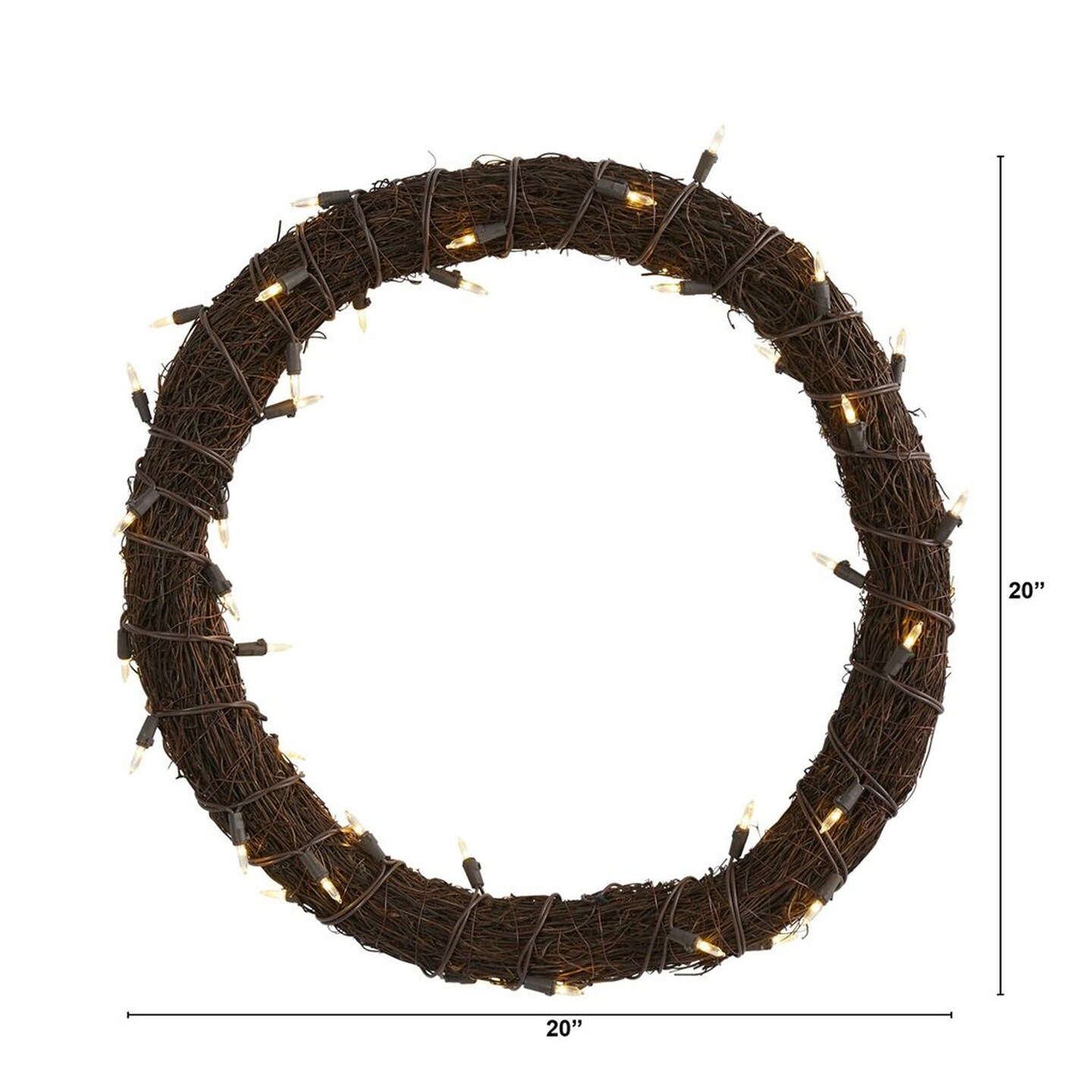 Nearly Natural Modern Holiday Decorative 20&#x22; Vine Wreath with 50 White Warm LED Lights