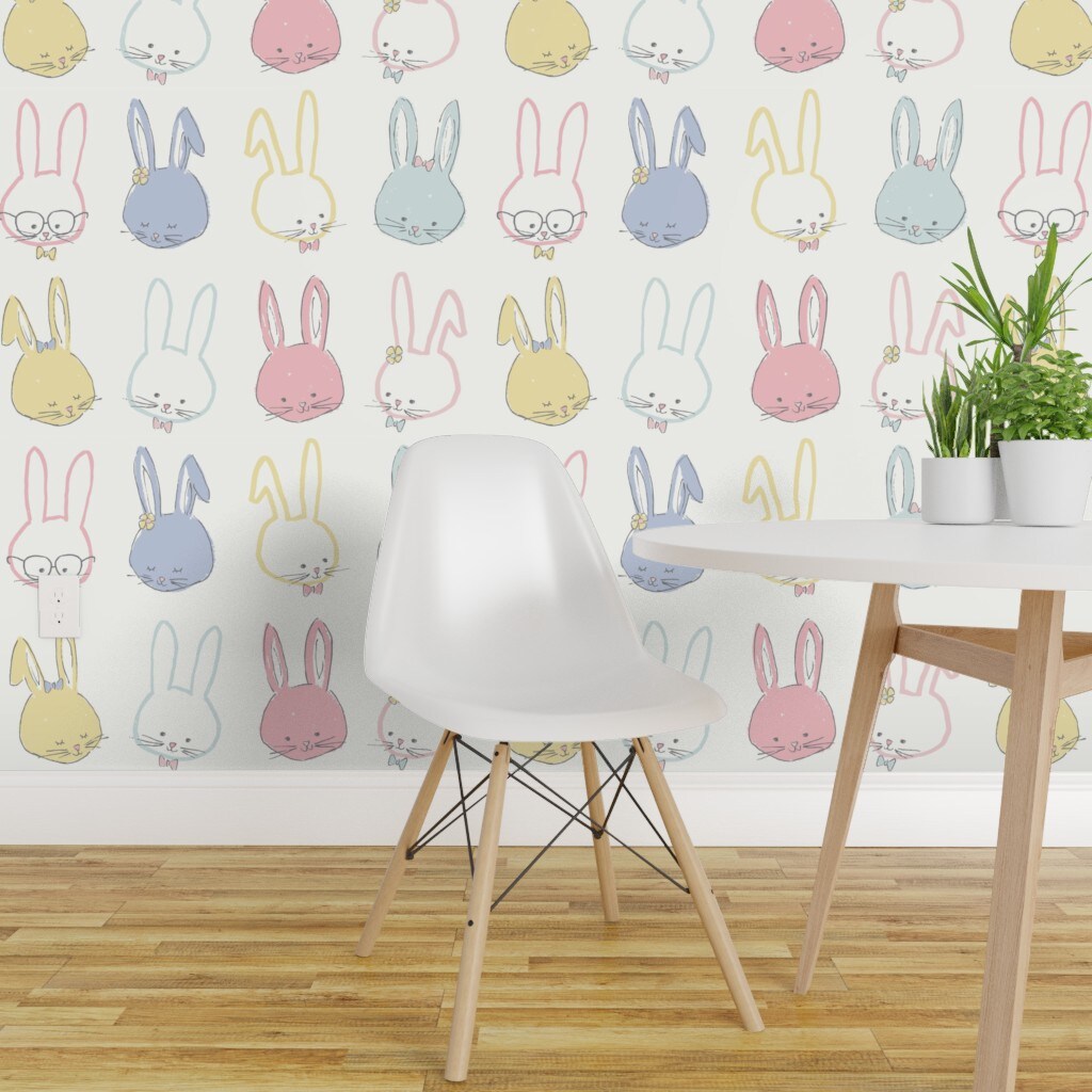 Peel &#x26; Stick Wallpaper 2FT Wide Easter Bunnies Pastel Spring Periwinkle Lilac Blue Pink Ivory Garden Hand Drawn Whimsical Rabbits Custom Removable Wallpaper by Spoonflower