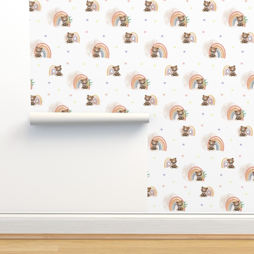 Woodland Nursery Cute Bears Watercolor Rainbow Kids Forest Animals Baby Stars Custom Removable Wallpaper by Spoonflower Peel & Stick Wallpaper 2FT Wide