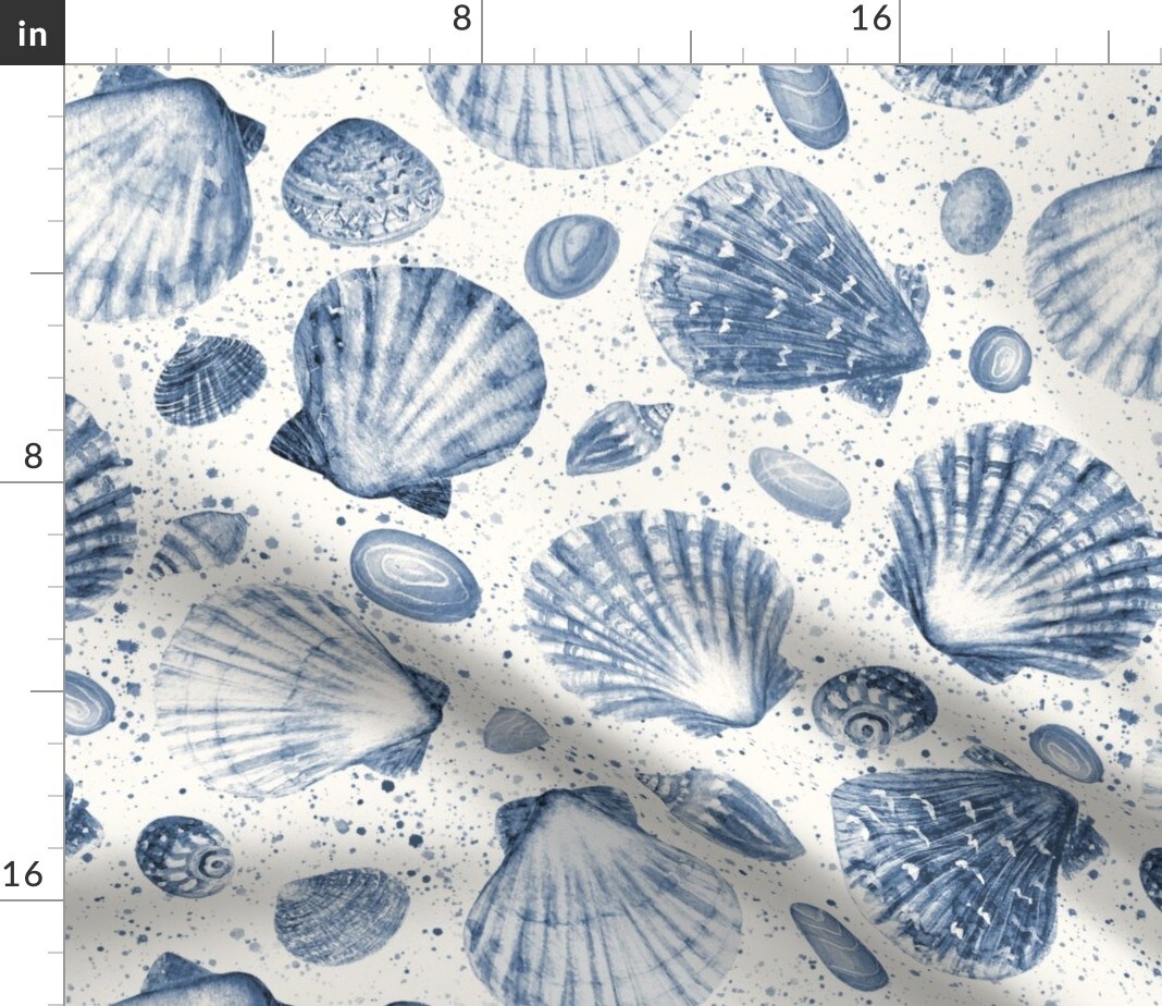 Blue Shells Coastal Beach Indigo Large Scale Seashells Custom Printed Fabric by Spoonflower Various Fabrics by the Yard or Fat Quarter