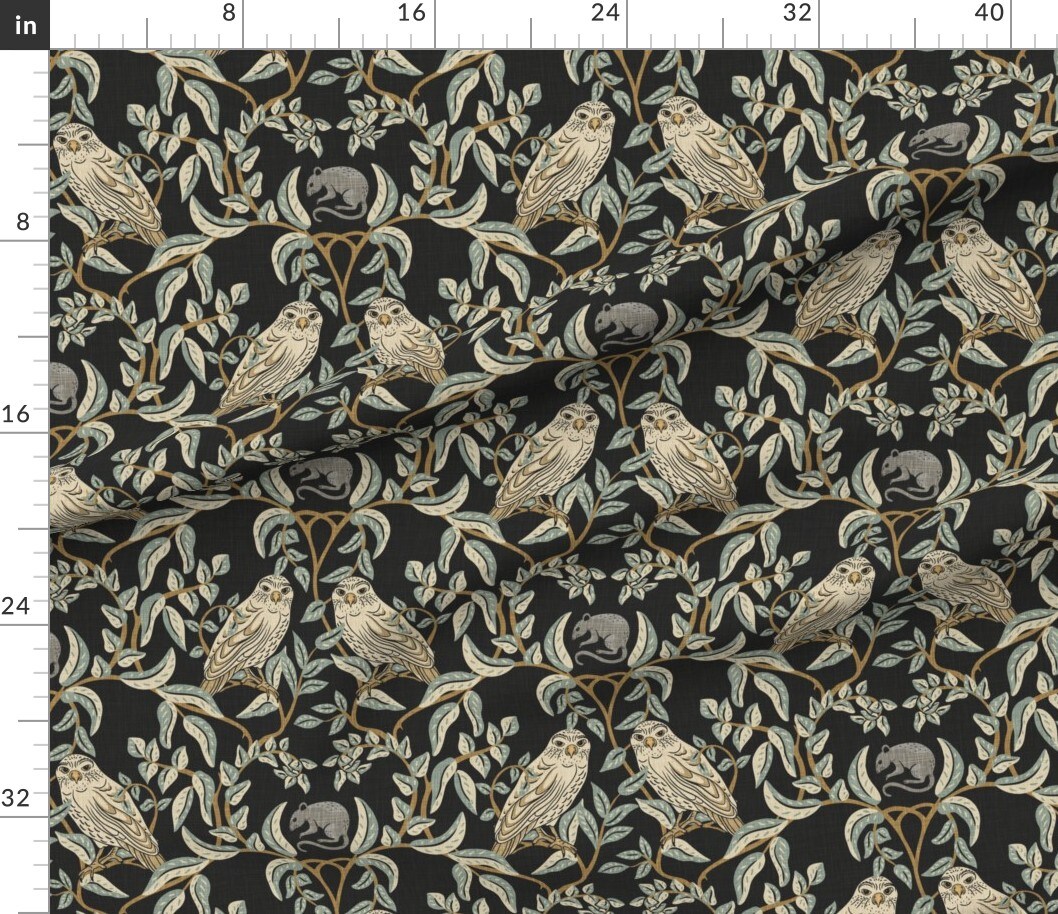 Little Owl Damask William Morris Farmhouse Arts And Crafts Birds Of Prey Soft Green Transitional Climbing Vines Custom Printed Fabric by Spoonflower Various Fabrics by the Yard or Fat Quarter