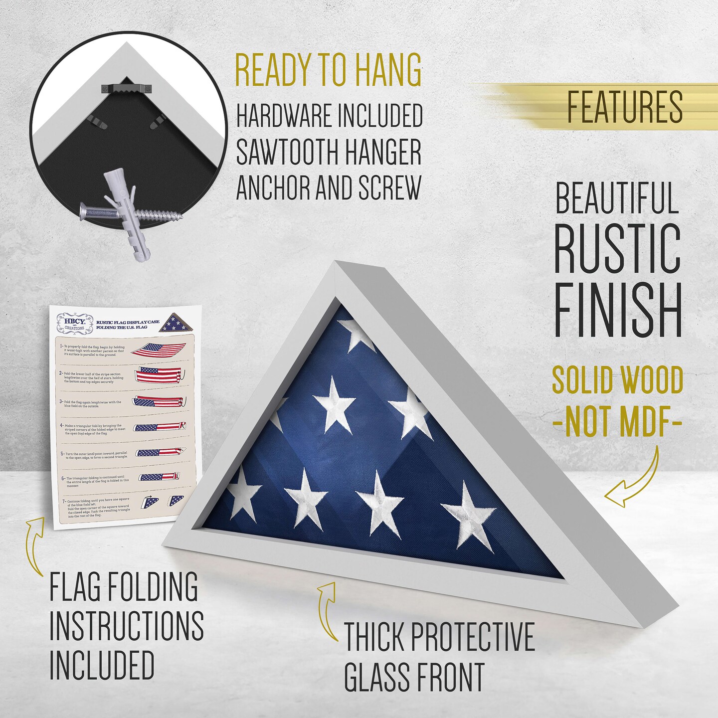 HBCY Creations Rustic Flag Case - SOLID WOOD Military Flag Display Case for 9.5 x 5 American Veteran Burial Flag, Wall Mounted Burial Flag Frame