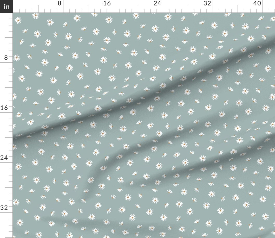 Dusty Blue Floral Ditsy Coneflower White Flowers Small Scale Boho Kids Whimsical Meadow Custom Printed Fabric by Spoonflower Various Fabrics by the Yard or Fat Quarter
