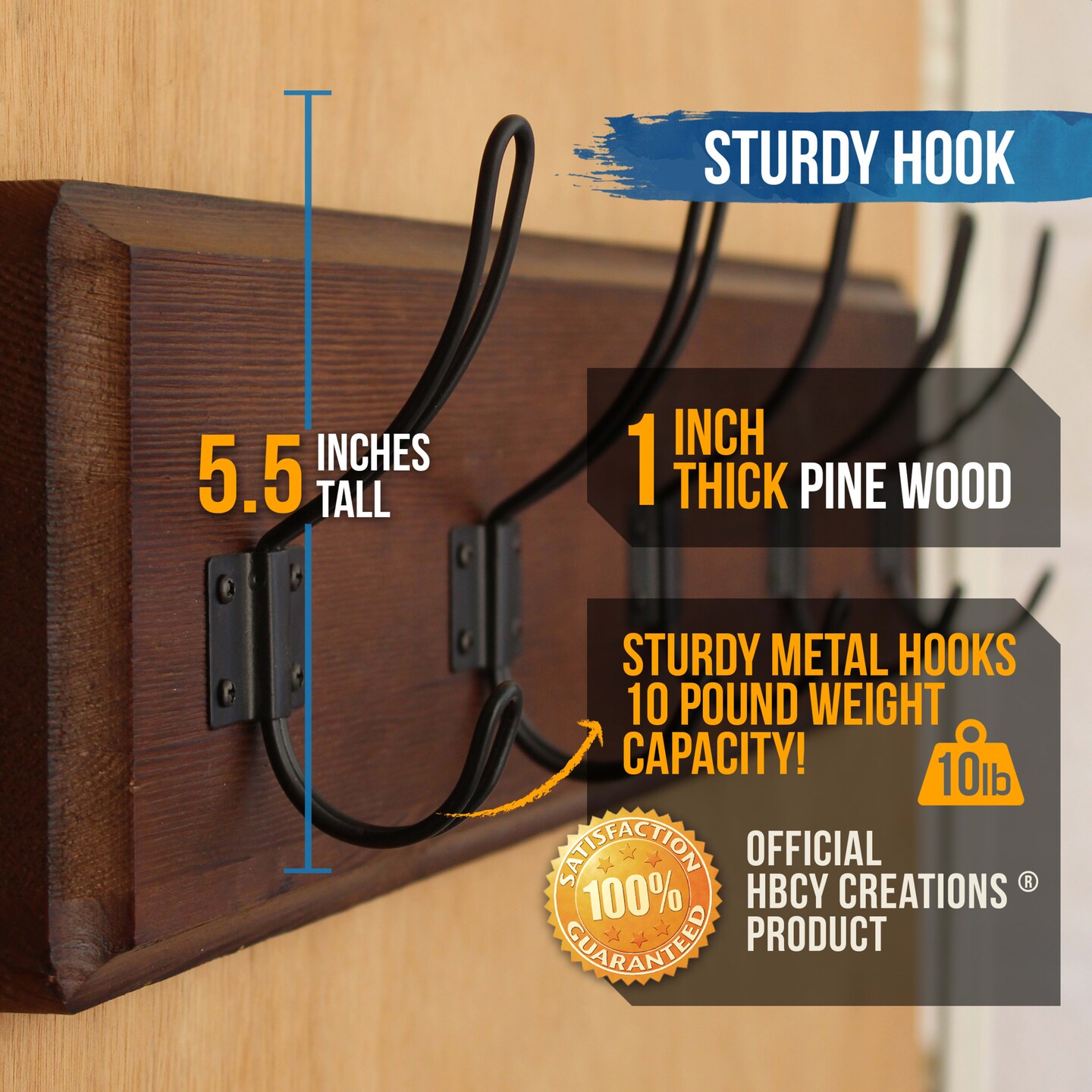 HBCY Creations Rustic Coat Rack with Hooks -Wall Mount Coat Rack - Solid Pine Wood Entryway Hanger - Farmhouse Coat Rack for Kitchen, Bedroom