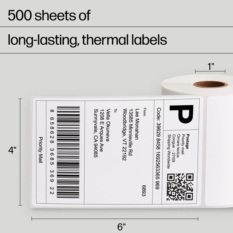 HP Direct Thermal Shipping Labels, Multipurpose Thermal Labels for Personal or Business Use for HP &#x26; Other Thermal Label Printers