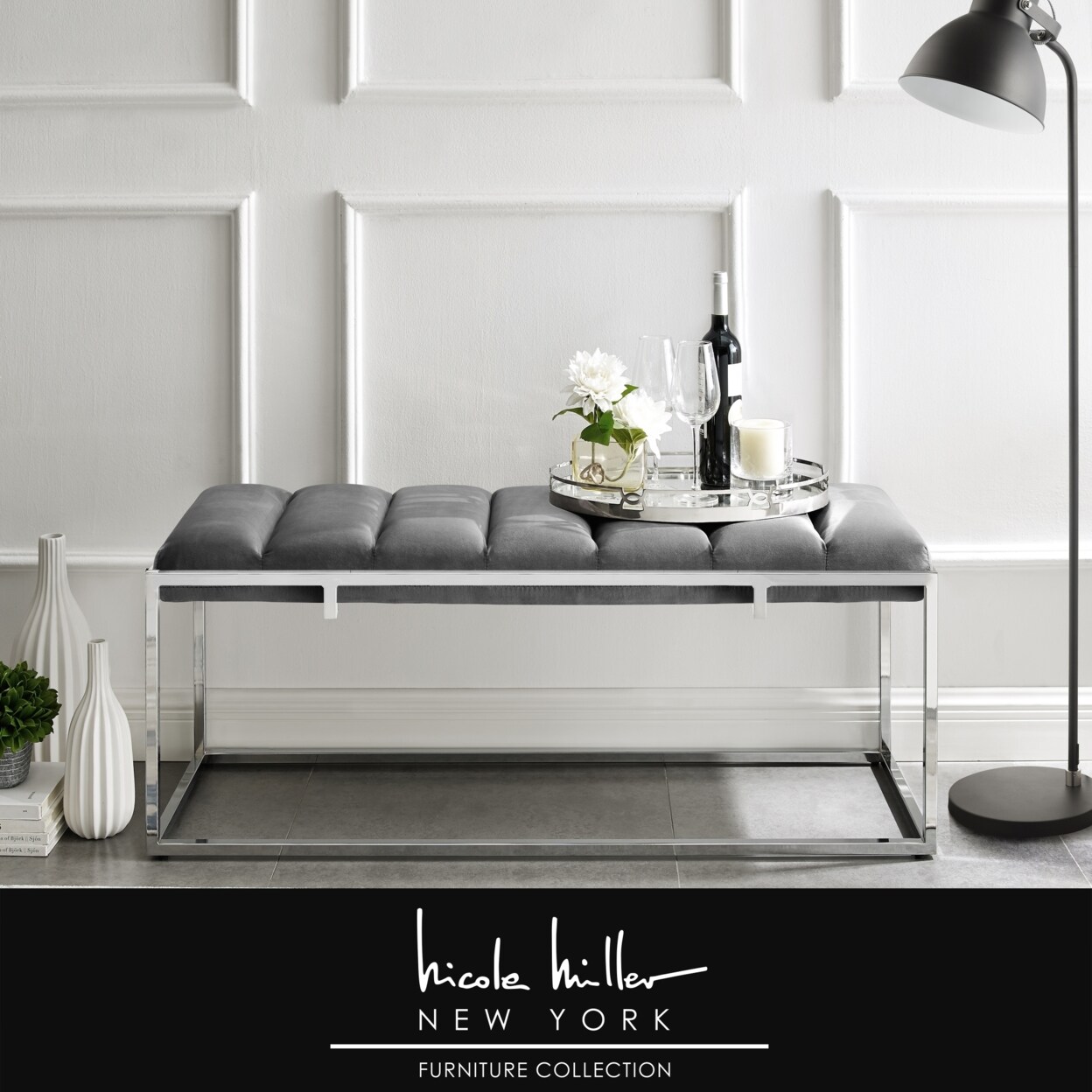 Nicole Miller   Brayson Velvet Bench-Channel Tufted-Metal Frame-Upholstered