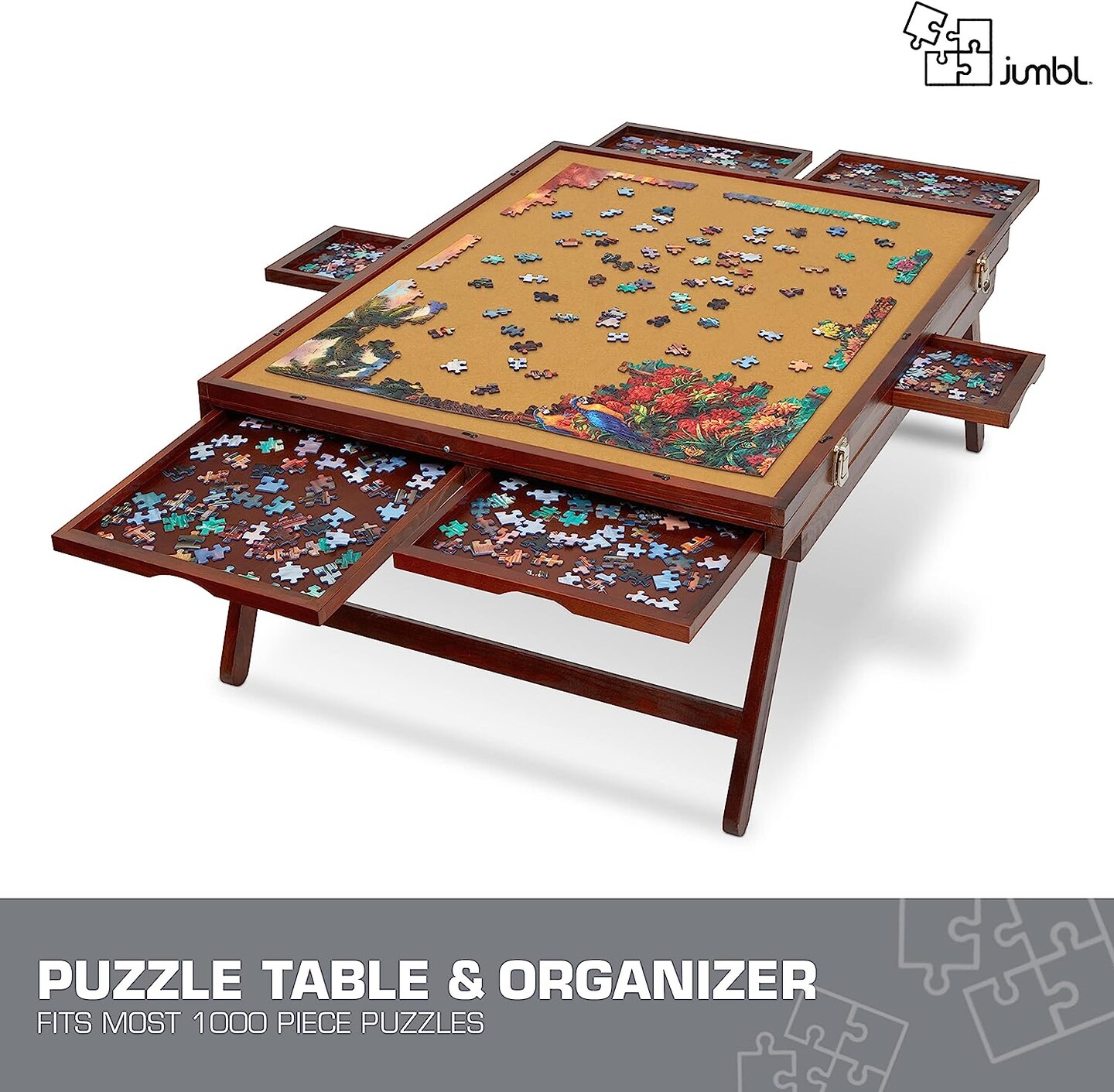 Jumbl 1000 Piece Puzzle Board, 23” x 31” Wooden Jigsaw Puzzle Table Board w/Felt Surface & Storage Drawers