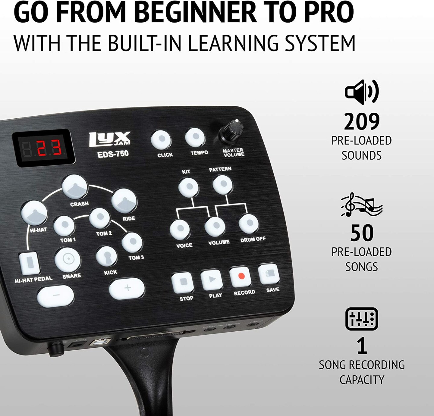 LyxPro Electronic Drum Set, Professional Drum Set with Real Mesh Fabric and Play Along Songs
