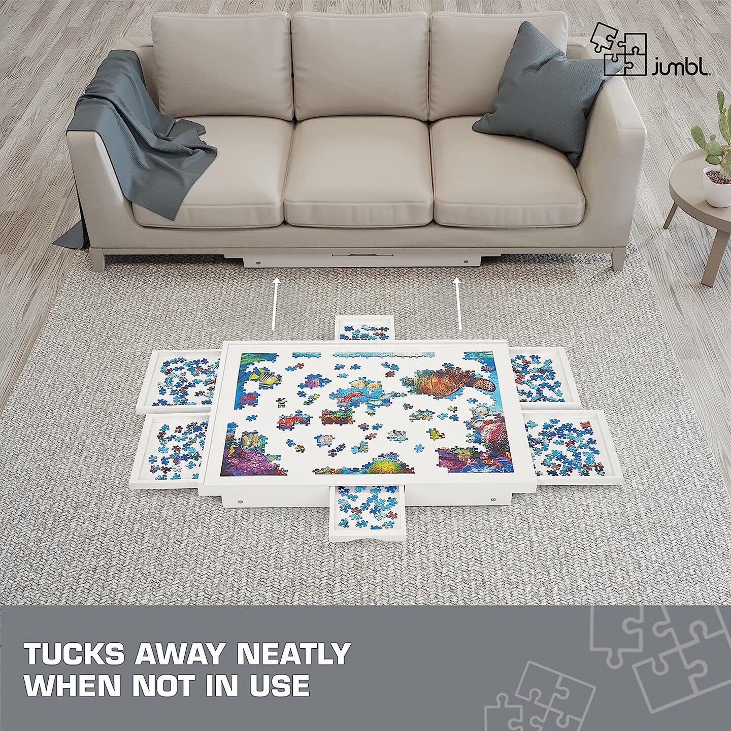 Jumbl 1000-Piece Puzzle Table w/Mat, 23" x 31" Jigsaw Puzzle Board w/Legs 6 Removable Drawers