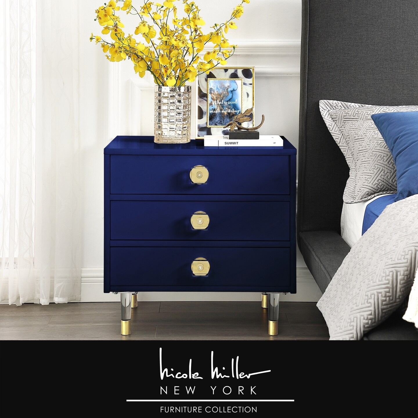 Nicole Miller   Marell Nightstand-3 Drawers- High Gloss-Acrylic Knob and Leg-Modern Contemporary