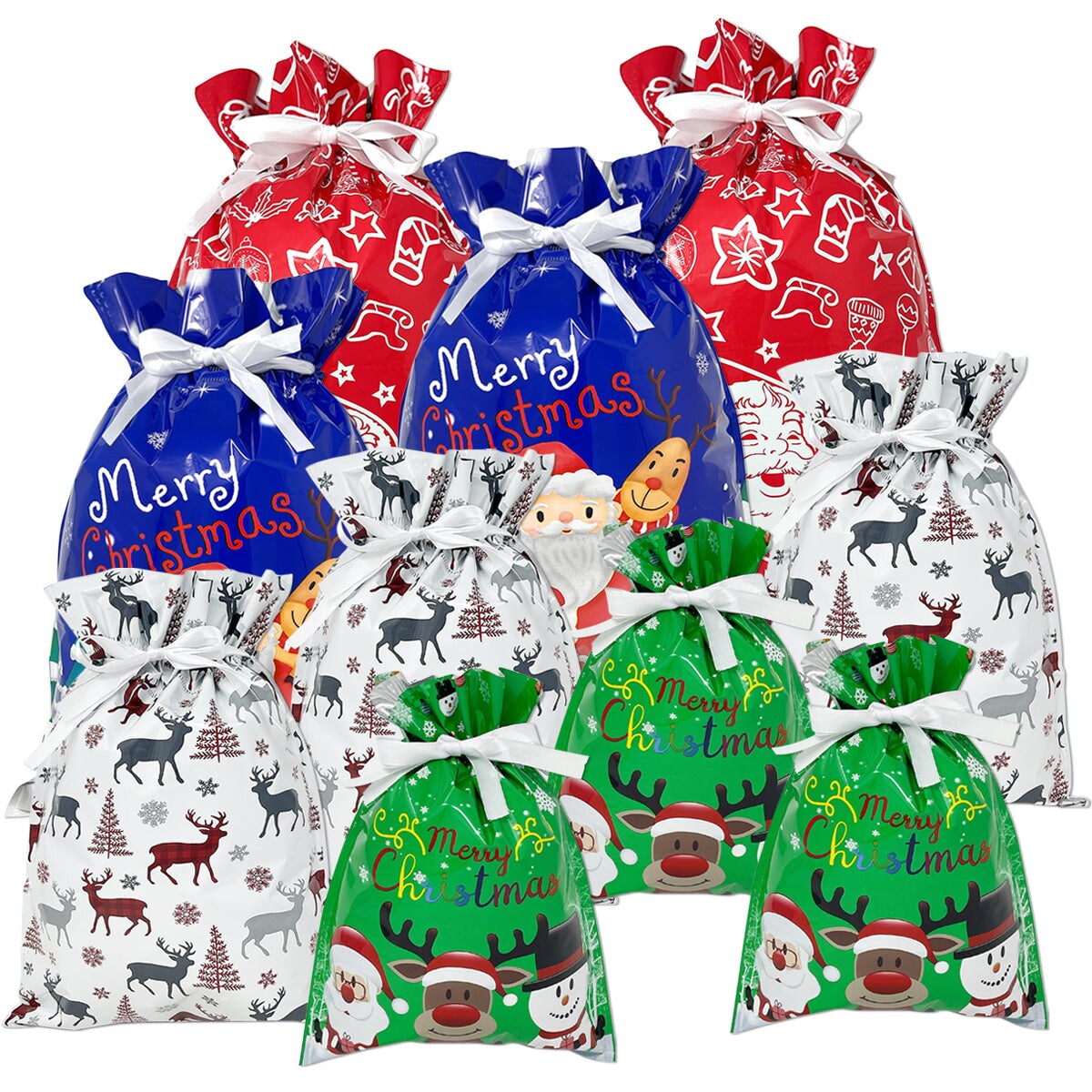 Wrapables Aluminum Foil Christmas Holiday Drawstring Gift Bags for Party Favors, Goodie Bag, Treats, Gift Wrap, Parties