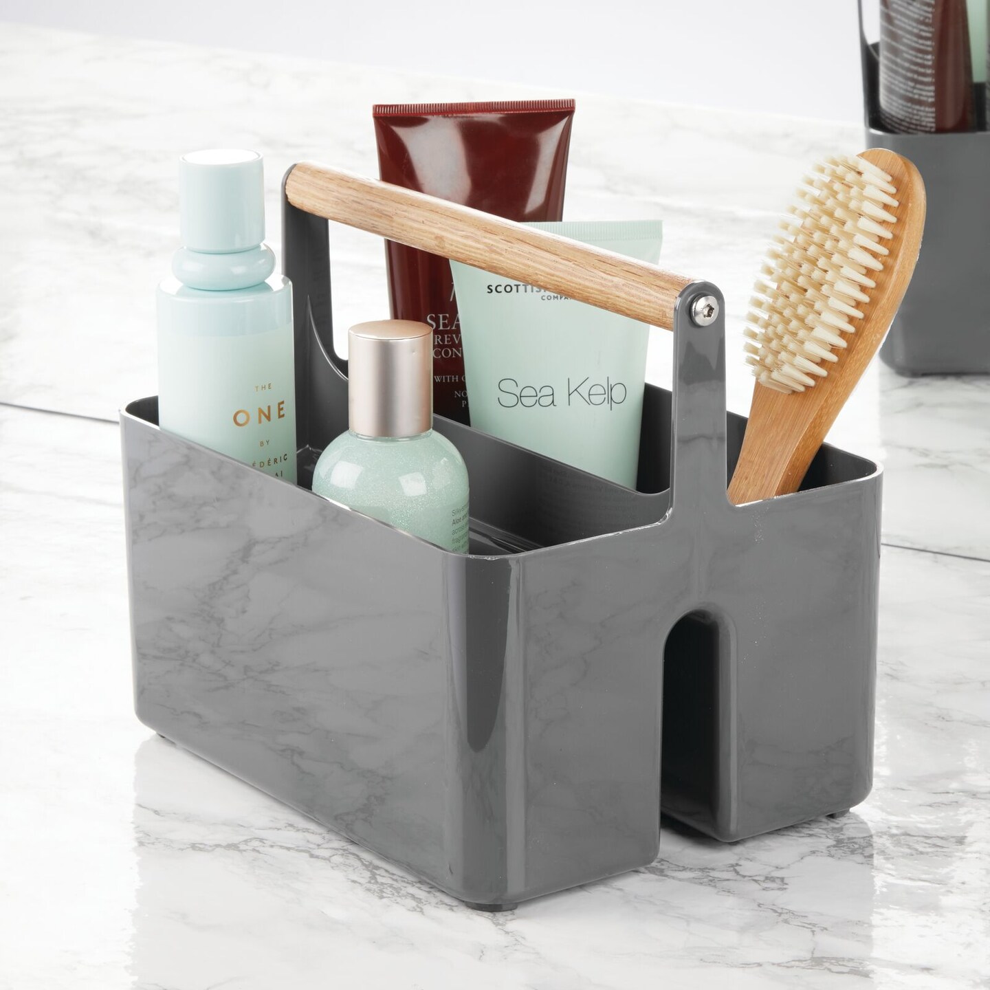 mDesign Plastic Tote, Divided Basket Bin with Wood Handle