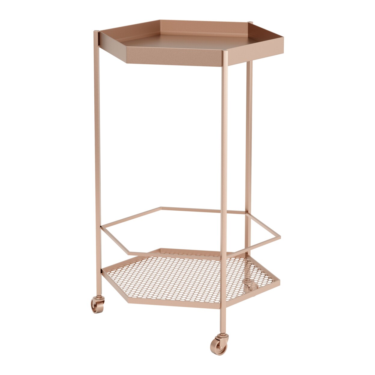 Hex Bar Cart Copper Vintage Gold Two Hexagon Shelves Modern Chic Storage