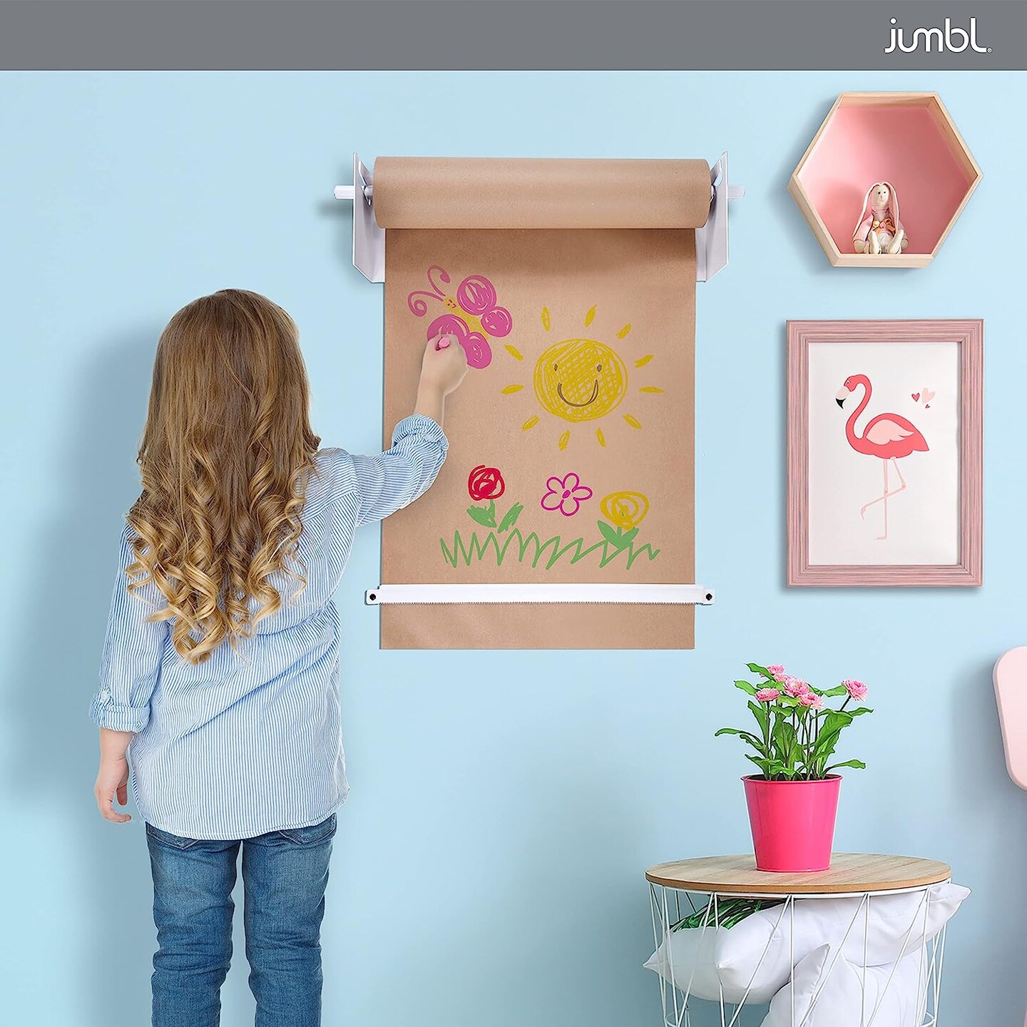 Jumbl Wall Mounted Kraft Paper Dispenser, Hanging Craft Paper Roll Holder with Paper Cutter (White)