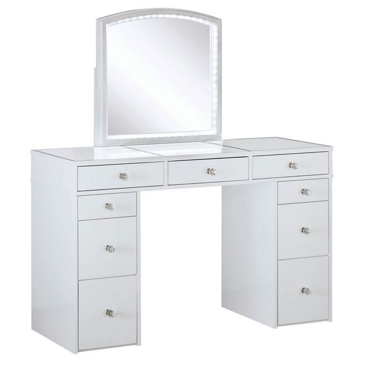 Saltoro Sherpi Wooden Frame Vanity Set with a Stool and Mirror Trim, White and Silver-