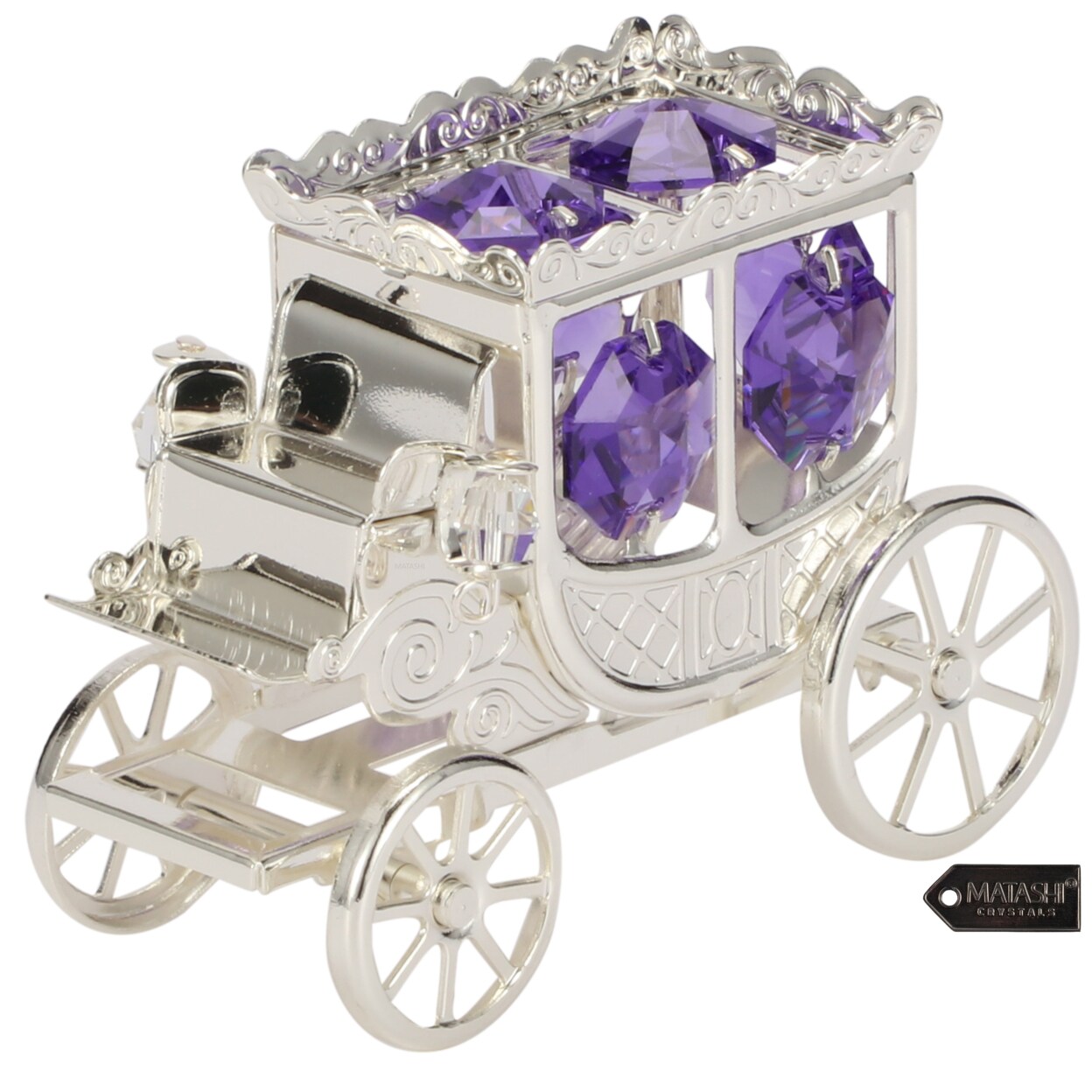 Silver Plated Princess Carriage Ornament With Purple And Clear-Cut Crystals By Matashi