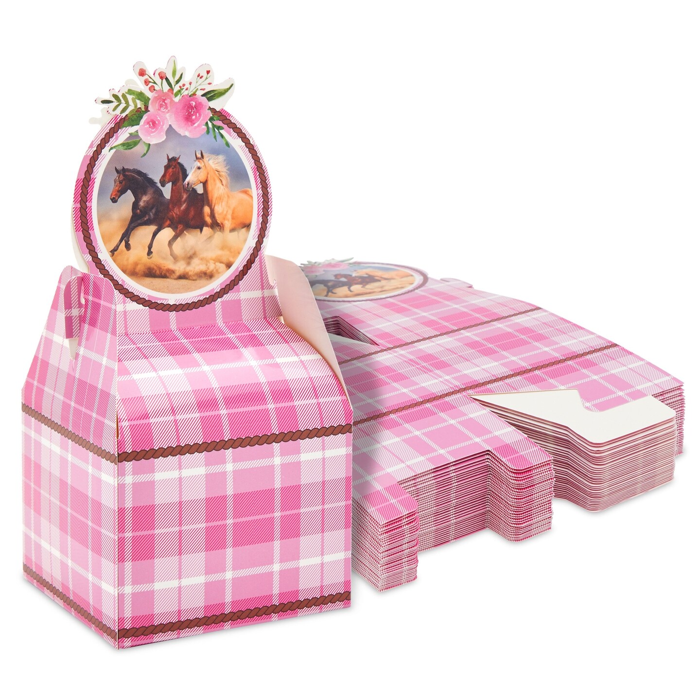 36 Pack Pink Plaid Horse Party Favor Treat Boxes for Cowgirl Birthday Supplies (3.5 x 2.75 In, Pink)