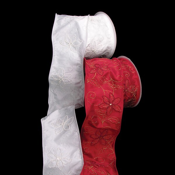 The Ribbon People White Stitched Poinsettia Wired Craft Ribbon 4" x 20 Yards