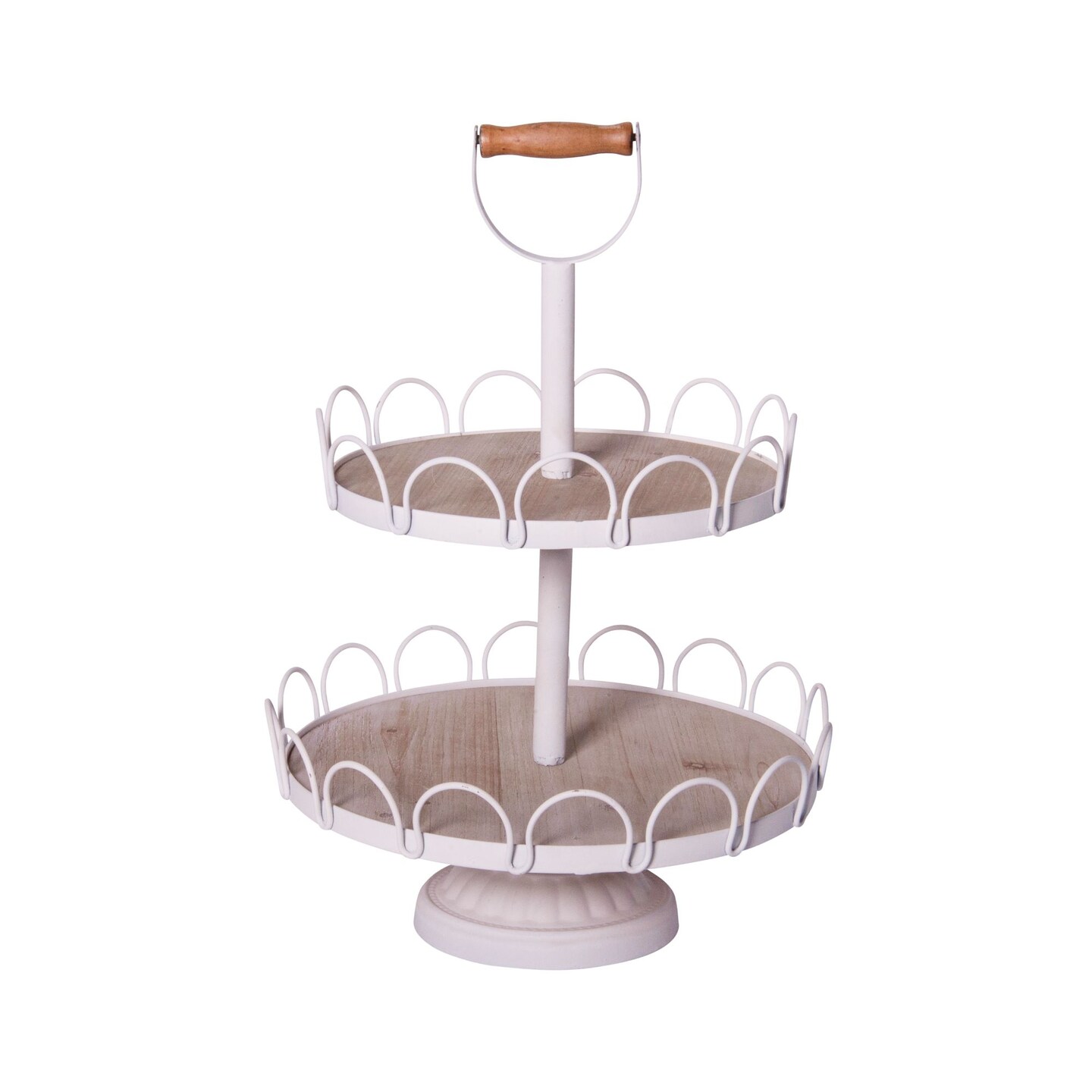 Creative Design 18.5" White 2-Tier Round Serving Tray with Wooden Handle