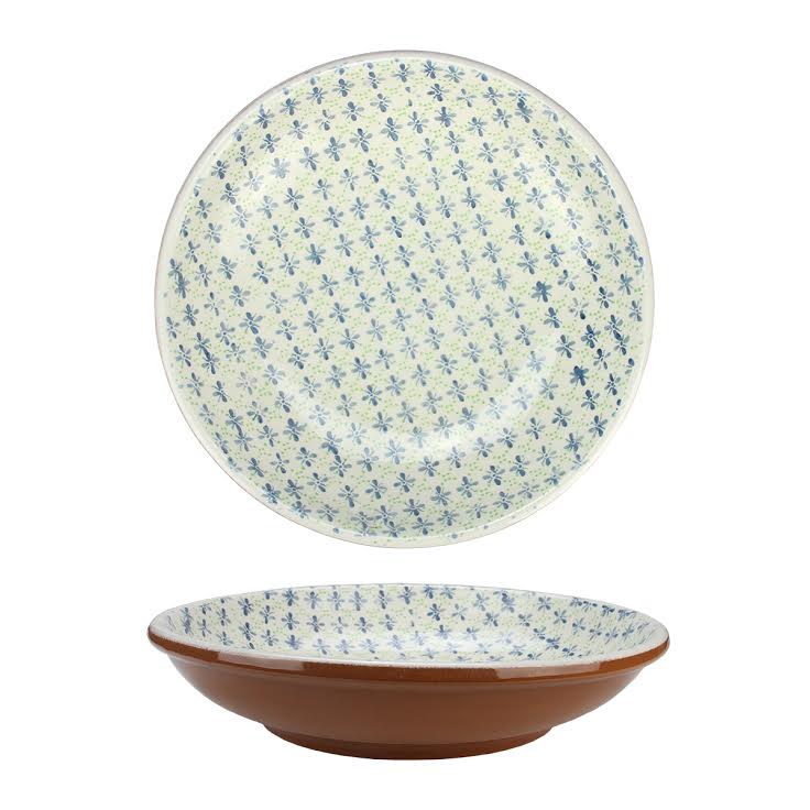 Kaemingk 12.25" French Countryside Decorative Green and Blue Flower Round Terracotta Bowl