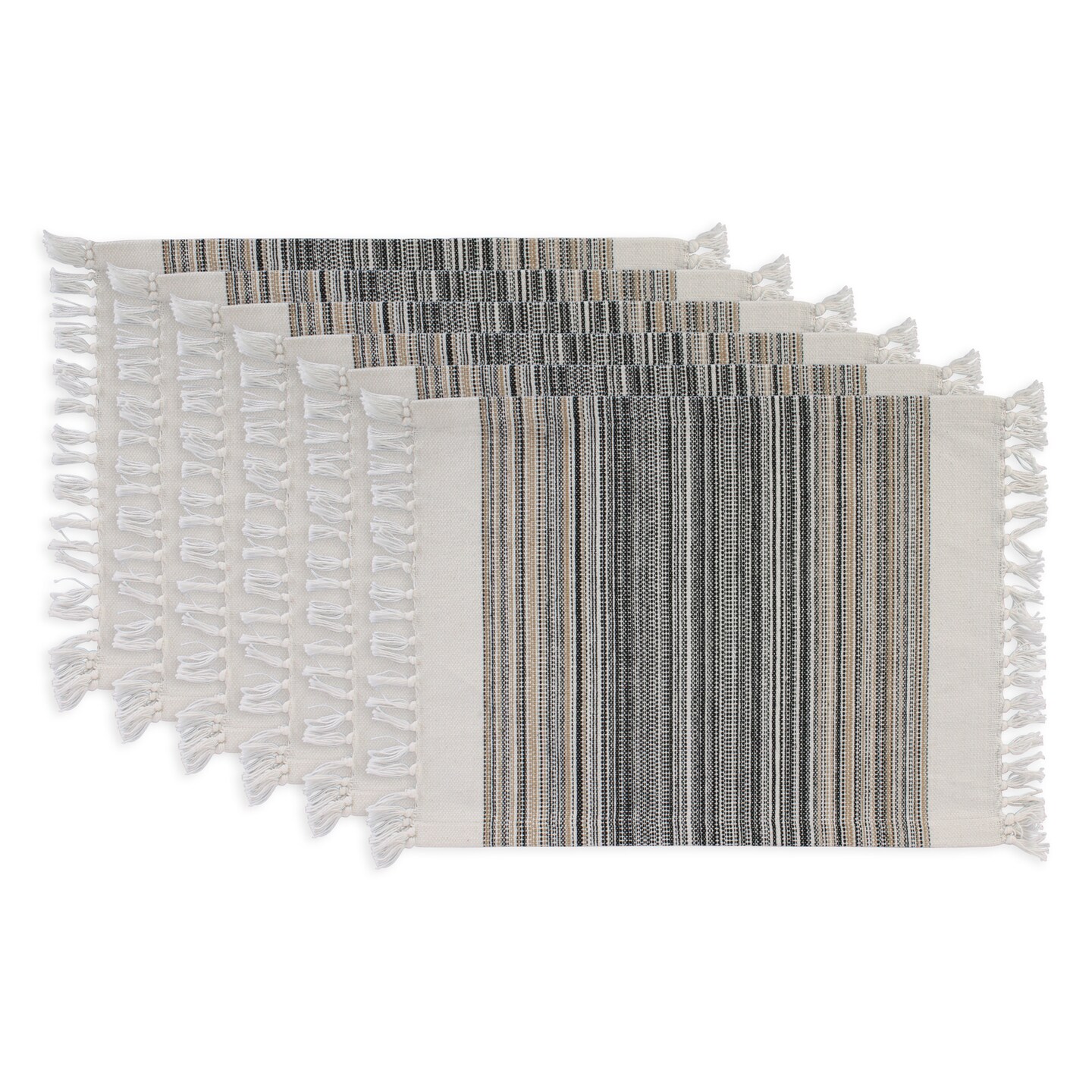 Contemporary Home Living Dotted Stripes Placemats with Mini Tassels - 20&#x22; - Cream and Black - Set of 6