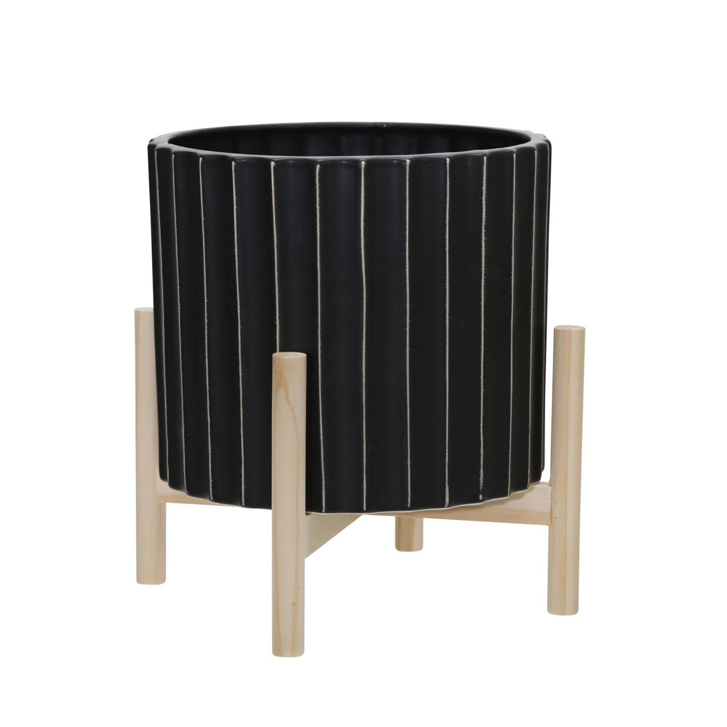 Kingston Living Ceramic Fluted Planter with Wood Stand - 12&#x22; - Black and Brown