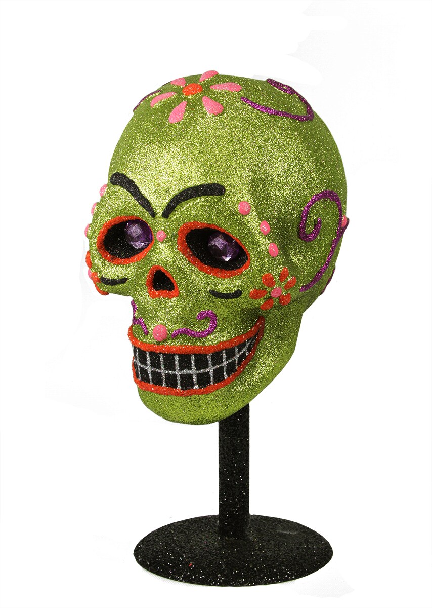 Gallerie II 12&#x22; Black and Green Day of the Dead Glitter Drenched Skull Halloween Tabletop Decor