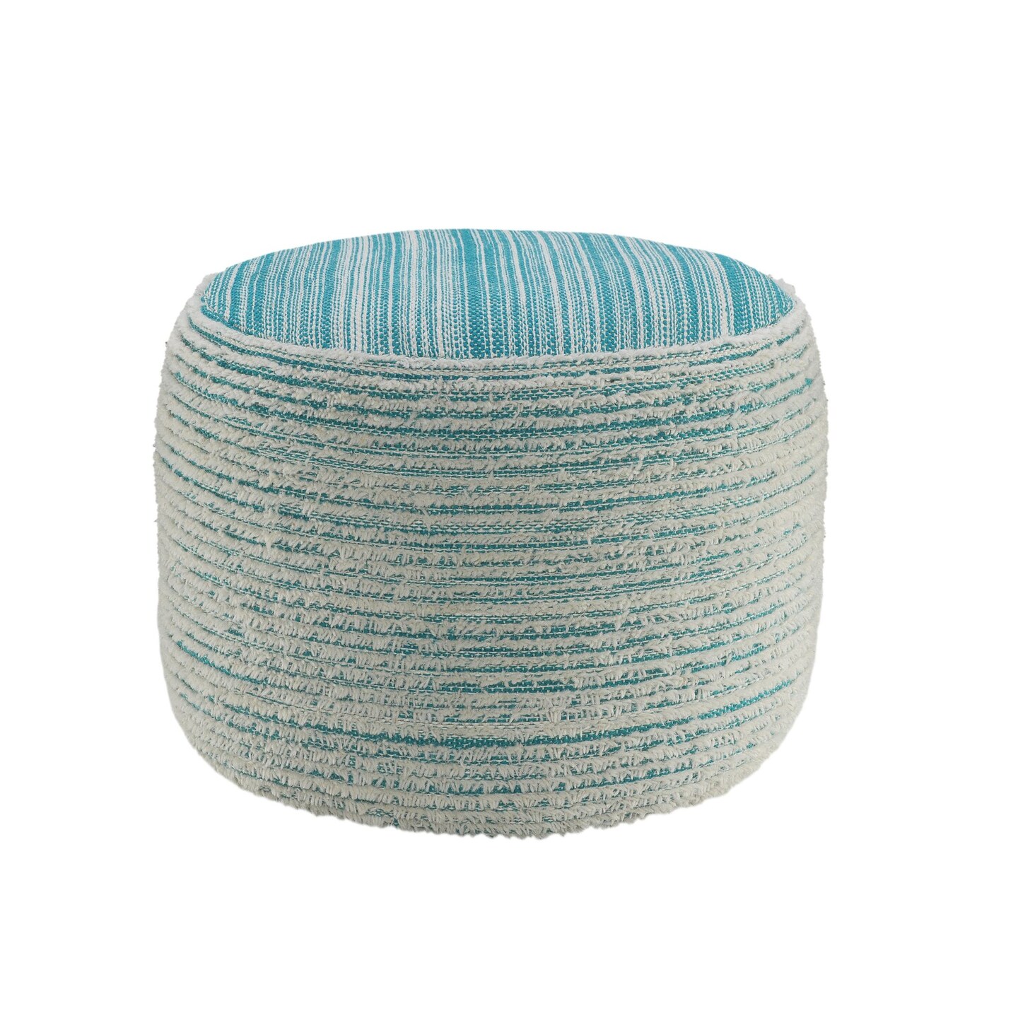 Laddha Home Designs 18" Aqua Blue and White Distressed Round Pouf Ottoman