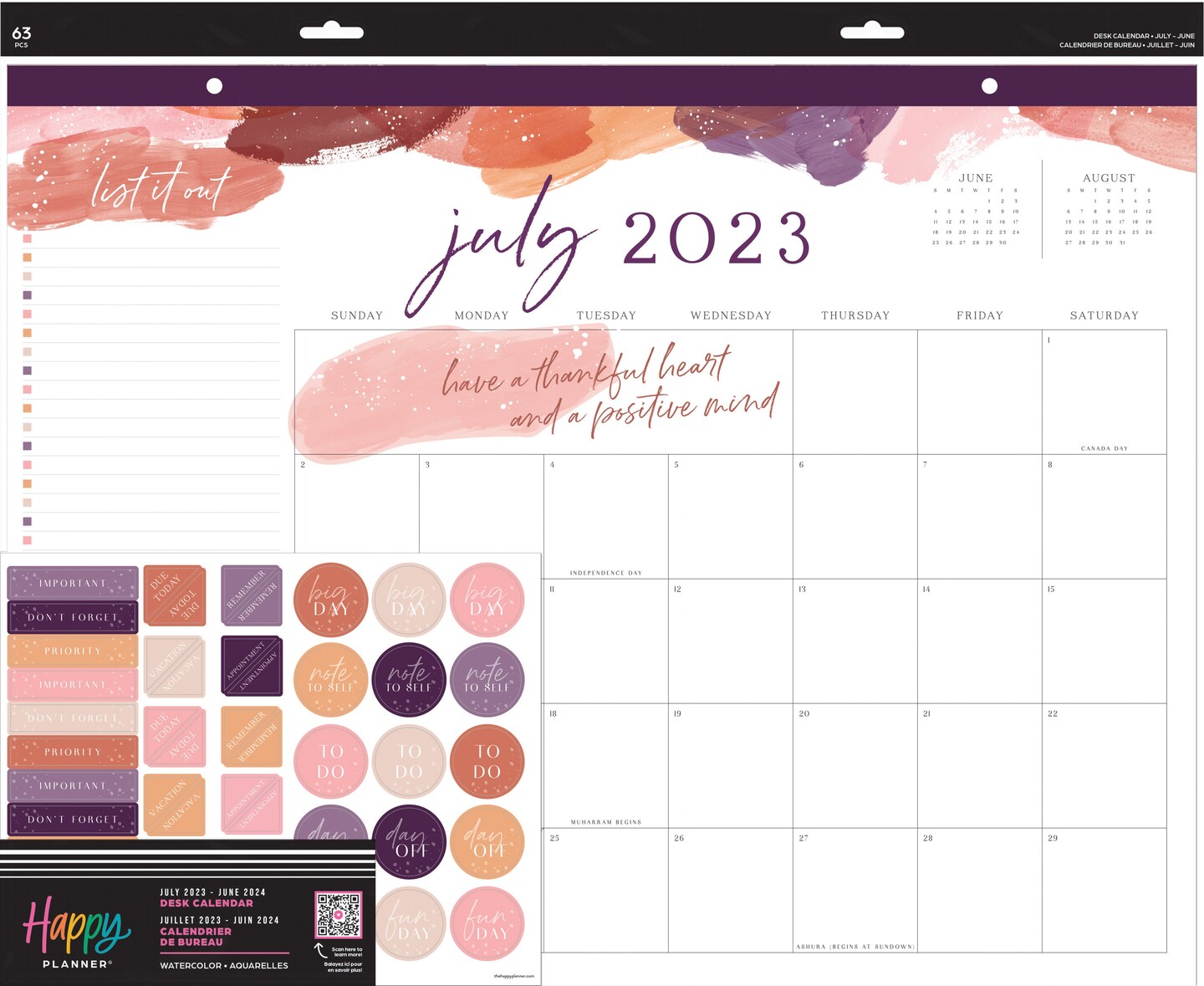 Happy Planner 12-Month Desk Calendar-Warm Watercolor; July '23 - June '24