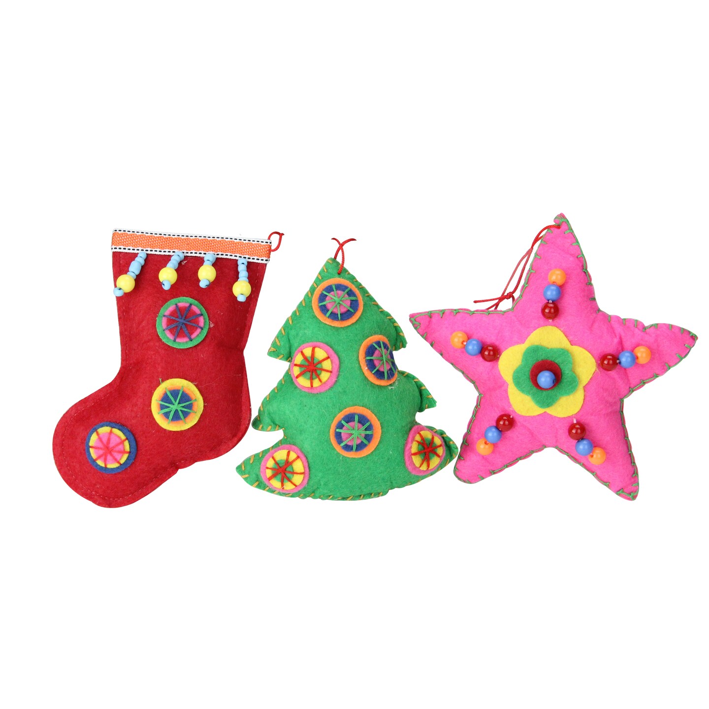 Raz Set of 3 Vibrantly Colored Bohemian Plush Star, Tree, and Stocking Christmas Ornaments 5"