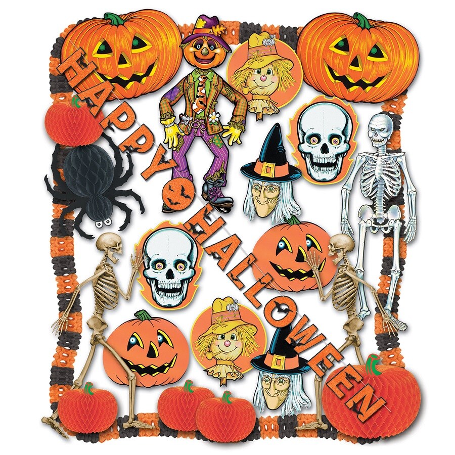 Beistle 25-Piece Orange and Black Halloween Pumpkin, Bat and Skeleton Decoration Kit